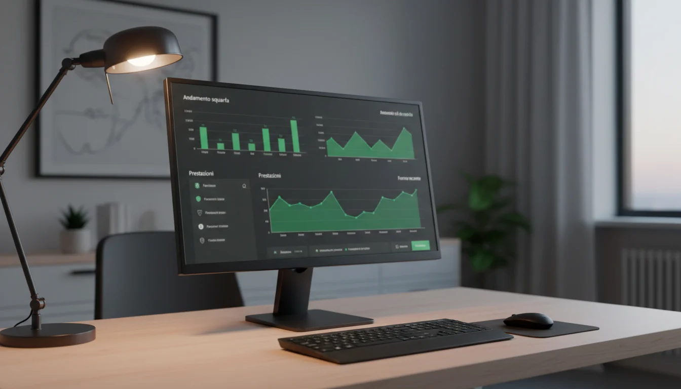 Schermo di computer con grafici di performance di squadre di calcio su sfondo scrivania ordinata