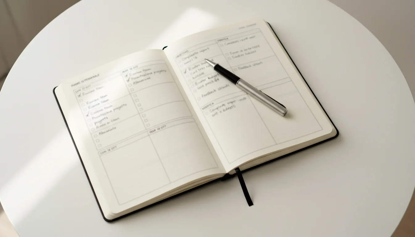 Diario aperto con appunti e penna stilografica su scrivania minimalista