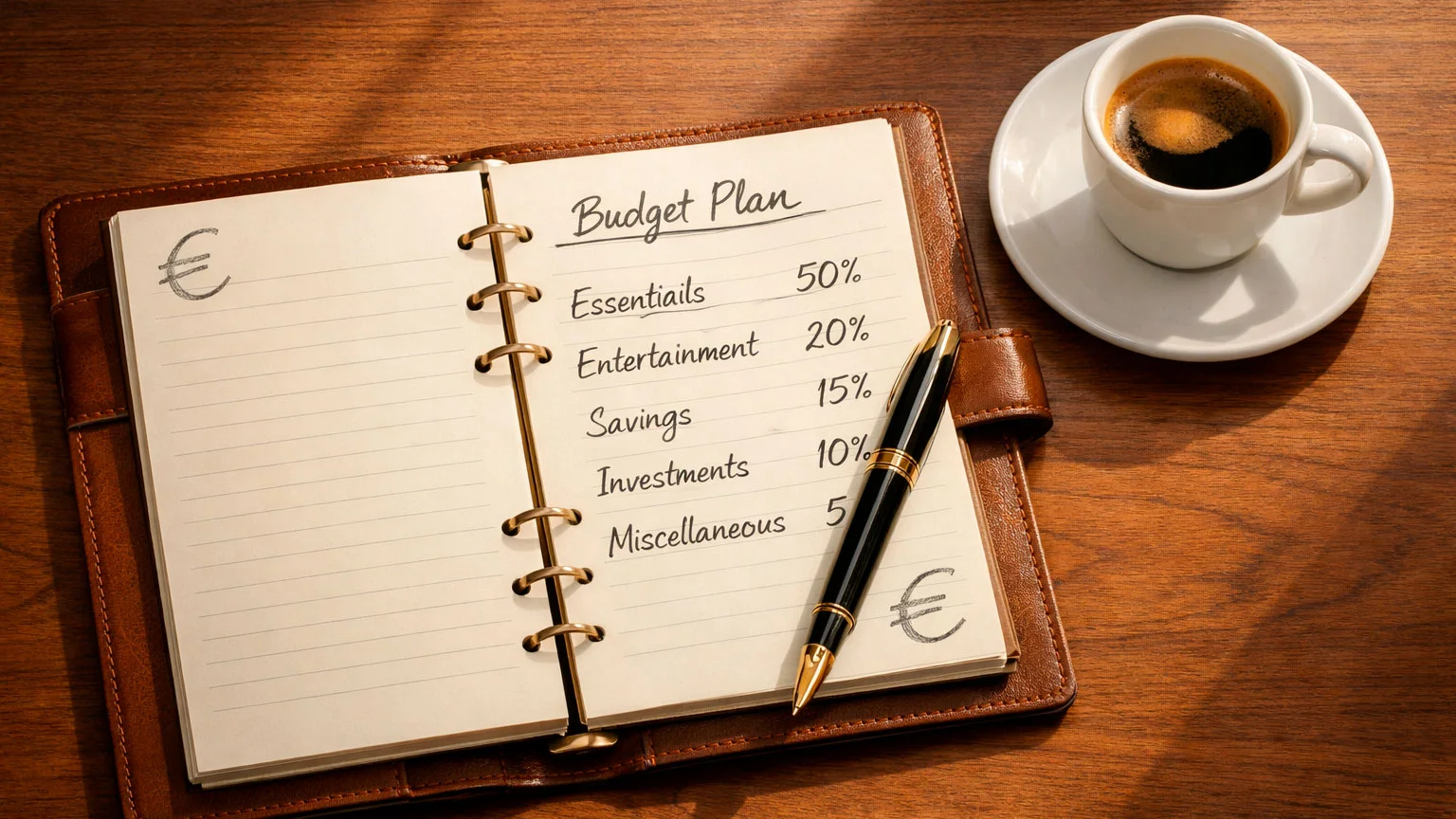 Block notes con piano di gestione del budget accanto a una tazza di caffè su scrivania in legno