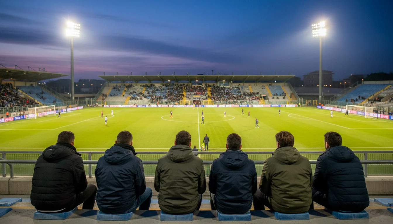 Tifosi che guardano partita di calcio in uno stadio durante una serata di Serie A