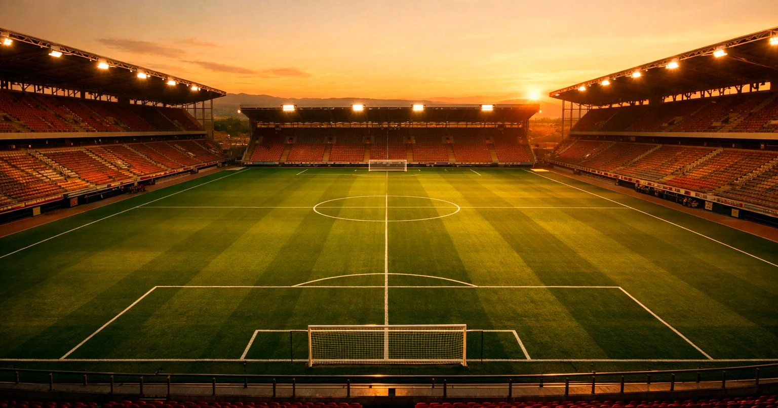 Stadio di calcio con campo verde illuminato al tramonto, atmosfera di partita professionistica