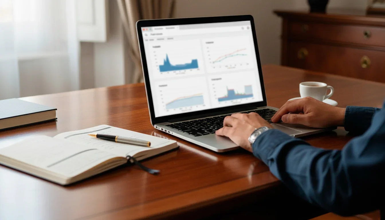 Persona che studia statistiche di calcio su laptop con block notes e penna